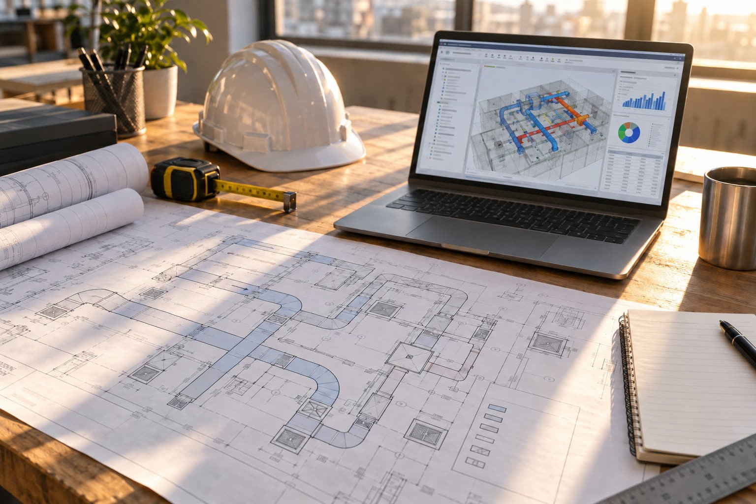 Prancha de projeto de dutos e notebook com simulação de dimensionamento térmico