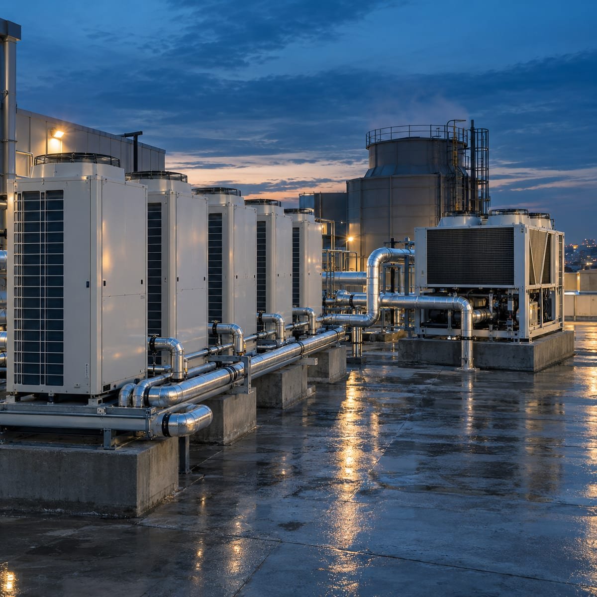 Fileira de condensadoras VRF, chiller e torre de resfriamento sobre a cobertura de um prédio industrial ao entardecer