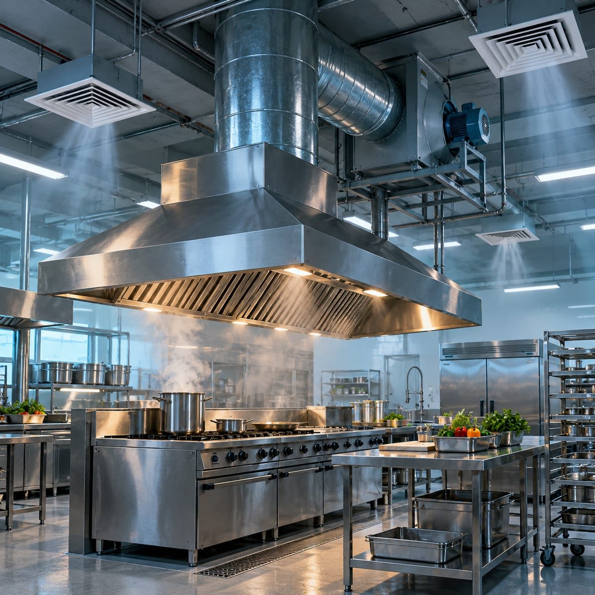 Cozinha industrial com coifa de inox, duto de exaustão e difusores de insuflamento no teto